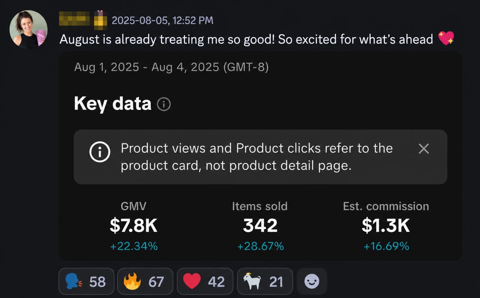 Creator community post — $7.8K GMV and $1.3K commission in 4 days