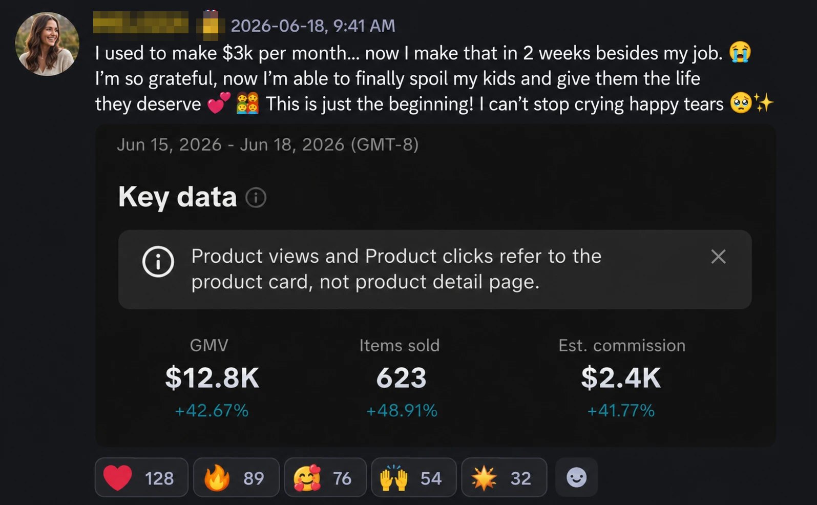 Creator community post — $12.8K GMV and $2.4K commission