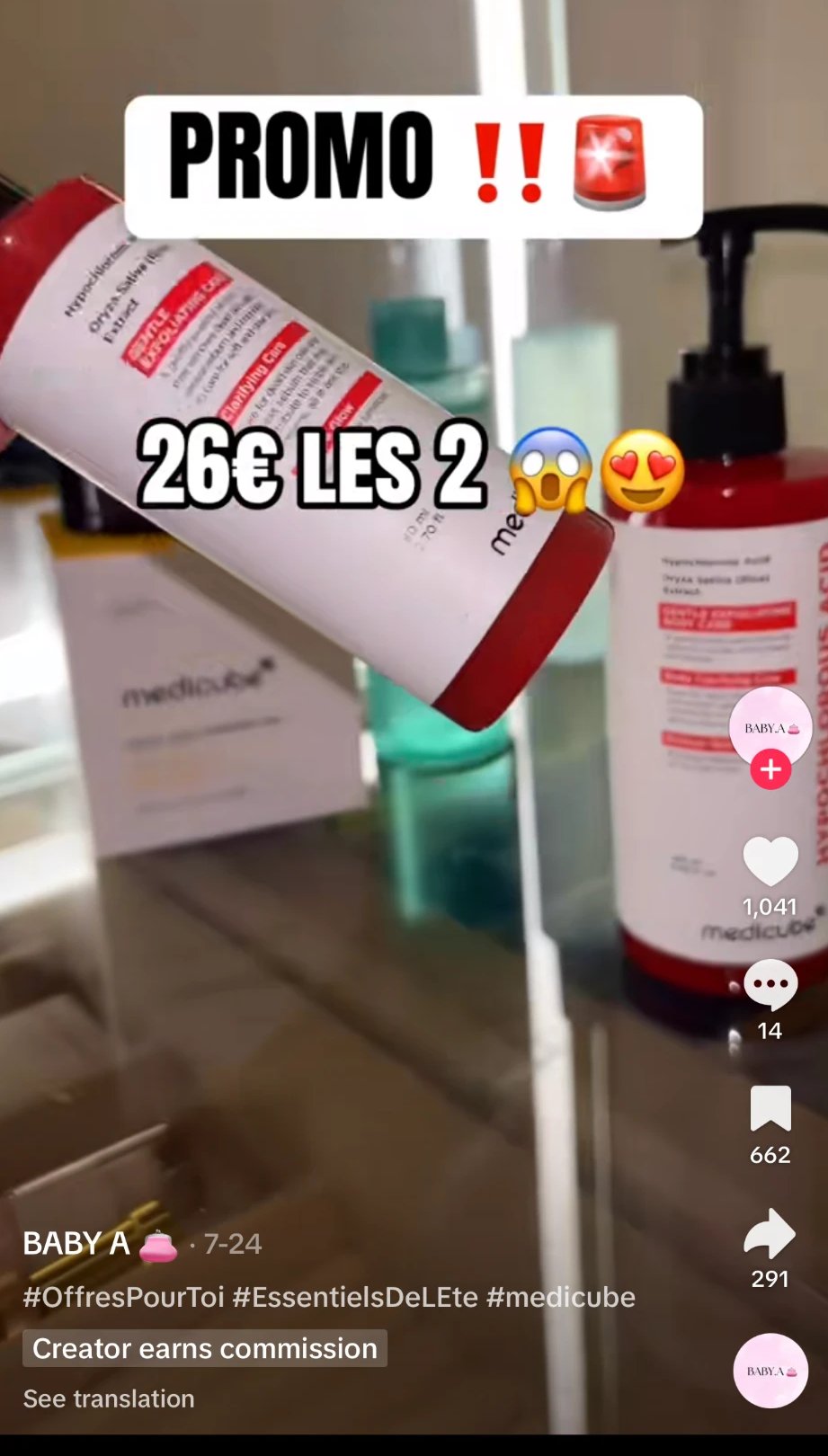 TikTok video by an everyday creator promoting a skincare brand, tagged 'Creator earns commission'