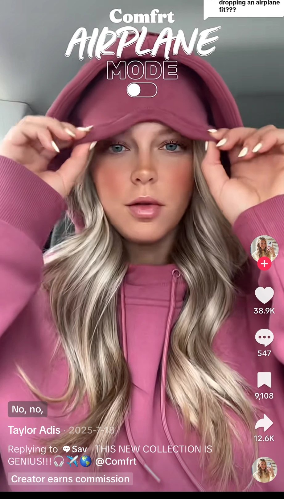 TikTok creator showing a clothing brand's new collection, tagged 'Creator earns commission'